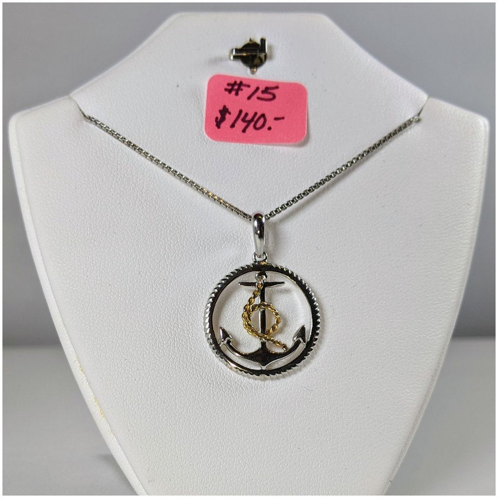 15 Anchor Necklace Sterling with Solid Gold - Silver Papillon