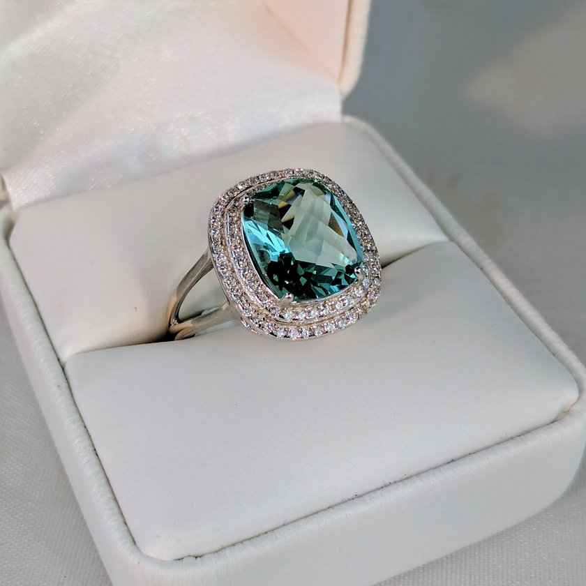 Teal Crystal Stone Surrounded by Cubic Zirconia